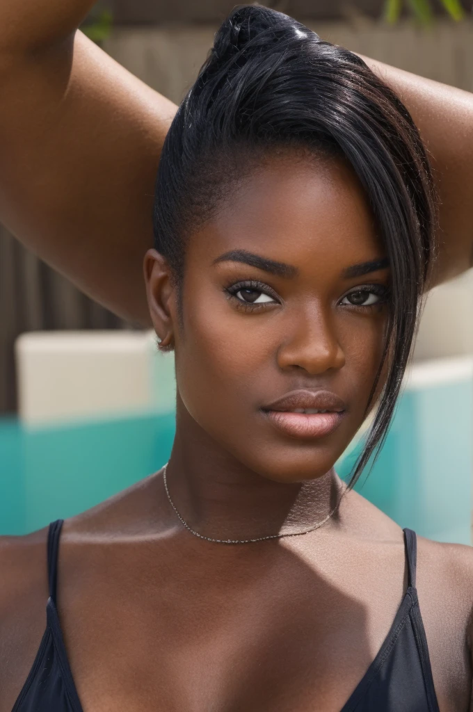 Caramel ebony female.Hd. Huge oversized breatss. Close up view. Wearing a bikini. A white man is kneeling in ftont of ger. . High quality. Ultra realistic. Perfect face. Viral photo.