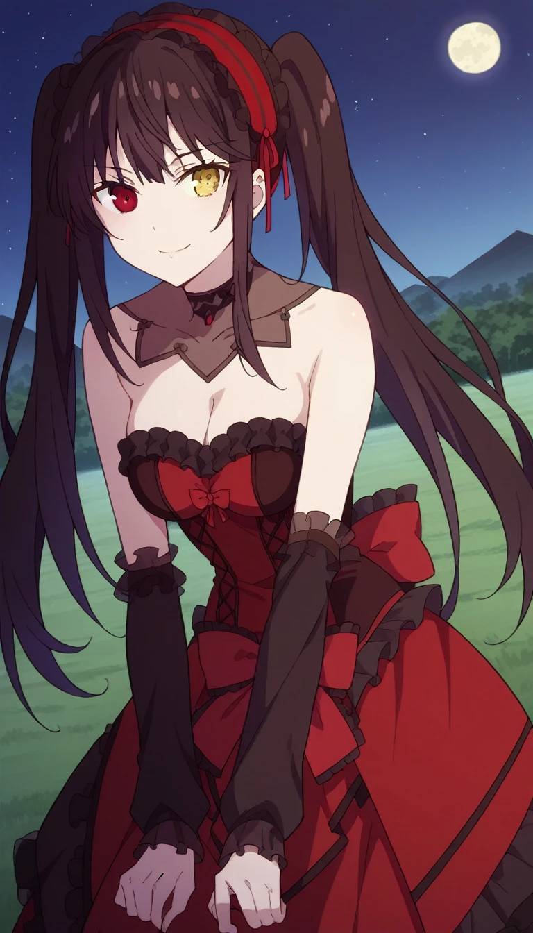 score_9, score_8_up, score_7_up, source_anime,
kurumitokisaki, kurumi tokisaki, black hair, red eyes, long hair,
twintails, yellow eyes, hairband, heterochromia, dress, red dress, bare shoulders, collarbone, choker, bowtie, red bowtie, detached sleeves, corset, frills, cleavage,
outdoors, landscape, night, moon, bent over, smile,
solo, dutch angle, looking at viewer, cowboy shot, 