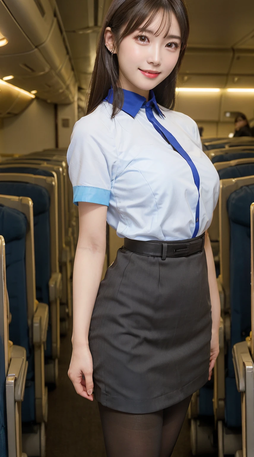highest quality、8k、best image quality、Award-winning work), two beautiful women、1 women, radiant beautiful skin , masterpiece、top-quality、The ultra -The high-definition、depth of fields、lens flare 、brown hair, watching at viewers glares, large breasts , cabin crew uniform, short skirt, (black high heels), perfect legs, model pose, view from below, smiling , flight cabin, pantyhose