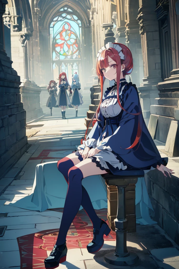 [(cathedral background:1.4)::5],original,(illustration:1.1),(best quality),(masterpiece:1.1),(extremely detailed CG unity 8k wallpaper:1.1), (colorful:0.9),(mid shot:0.95),(full body:1.5),Dynamic angle,(solo:1.2), (girl),((adult)), (detailed beautiful eyes:1.15), (beautiful face:1.15), (glowing red eyes:1.25////),((medium hair)),((split-color hair,red hair,blue hair)),(high twintails),(chignon),(+perfect hand+:1.21),(Draw an illustration of a gothic girl),(Religious),(slender),(is wearing boots on her feet),((is wearing white maid clothes)),(furious), Lace Off-shoulder lolita fashion,beautiful slender woman,high twintails,((split-color hair,red hair,blue hair)),((split-color hair,red hair,blue hair)),from side,((split-color hair,red hair,blue hair)),