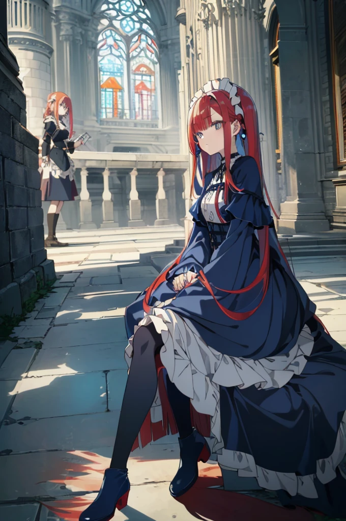 [(cathedral background:1.4)::5],original,(illustration:1.1),(best quality),(masterpiece:1.1),(extremely detailed CG unity 8k wallpaper:1.1), (colorful:0.9),(mid shot:0.95),(full body:1.5),Dynamic angle,(solo:1.2), (girl),((adult)), (detailed beautiful eyes:1.15), (beautiful face:1.15), (glowing red eyes:1.25////),((medium hair)),((split-color hair,red hair,blue hair)),(high twintails),(chignon),(+perfect hand+:1.21),(Draw an illustration of a gothic girl),(Religious),(slender),(is wearing boots on her feet),((is wearing white maid clothes)),(furious), Lace Off-shoulder lolita fashion,beautiful slender woman,high twintails,((split-color hair,red hair,blue hair)),((split-color hair,red hair,blue hair)),from side,((split-color hair,red hair,blue hair)),