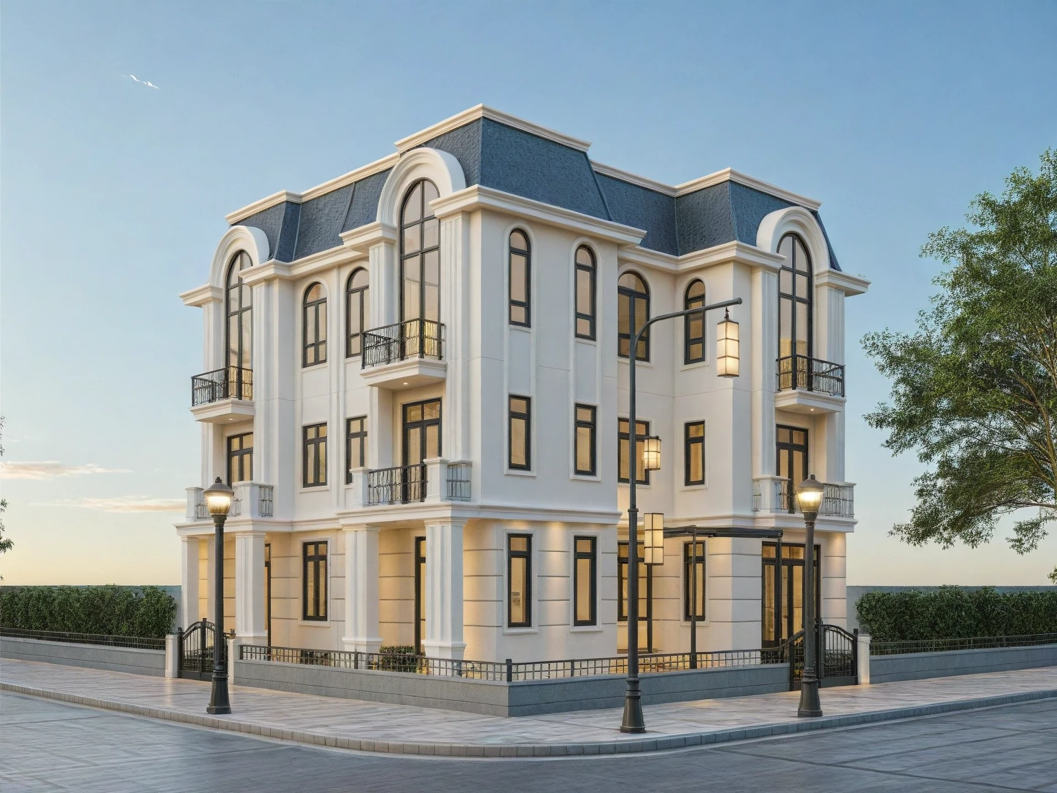 Architectural style Architectural style,  ((Classic Style House)),(masterpiece) , ((best quality)), dramatic lighting, high quality outdoors, sky, day, cloud, tree, blue sky, building, scenery, road, real world location,  sunlight, enough detail, high resolution,super realistic, Photorealistic, highly detailed, balcony, plants, door, car, truck, parking slot, paving, . Clean lines, architectural drawing, highly detailed  , . Clean lines, geometric shapes, minimalist, modern, architectural drawing, highly detailed