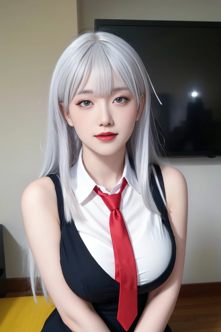 best quality, tmasterpiece,Ultra-high resolution,Clear face,(Reality:1.4),ferpect lighting,(upper body), (photorealistic:1.50), anime wallpaper, Guviz style artwork, cover-up fantasy up to magic , by Yang J, Guviz, beautiful artwork illustration, beautiful digital artwork, beautiful digital illustration, Li Song, beautiful anime portrait, art style in Beauvot, 1girl, 独奏, long hair, hair ribbon, (white hair:1.5), bangs, purple eyes, double eyelids, blush, Red cheeks, Sleeveless uniform, School uniforms, Butterfly ribbon, Yellow tie, Short skirt, (super Giant breast:1.5), (shagging breasts:1.3), (Cleavage), indoor, room, standing, Sleeveless,