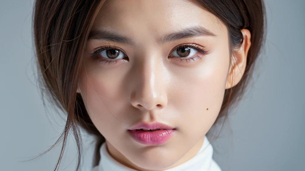 Zoom in on face,Sharp Eyes,(Detailed face),(vivid),White turtleneck outfit,4K,Ultra-high resolution,(Photorealistic:1.7),Black long hair,White Background,