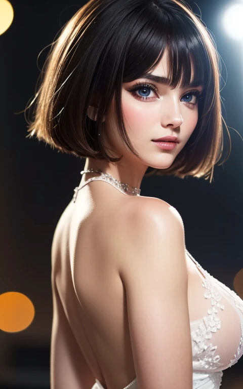 (UHD, Retina, masterpiece, precise, Anatomically correct, Textured Skin, Super Detail, High Detail, high quality, best quality, high resolution, 1080P, HD, 4K, 8K, 16K), (Beautiful and delicate eyes, Beautiful and delicate lips, Extremely detailed eyes and face), Studio Lighting, Physically Based Rendering, Bright colors, (Large Breasts, Attractive figure, big nipples), (backless see-through dress), (portrait, Bob Cut, Shiny hair, Glowing skin, blush), (Bokeh), Eye Reflection,