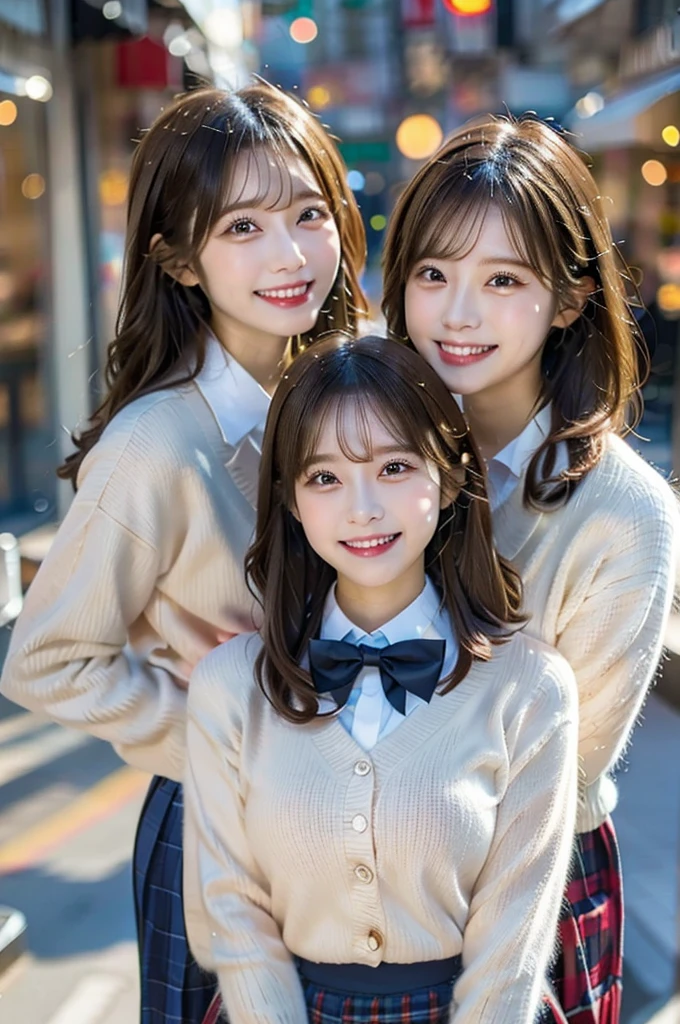 Three Beauties,3 girls, French Braid, Checked Skirt, a bow tie, winter blazer uniform, smile, big laugh
