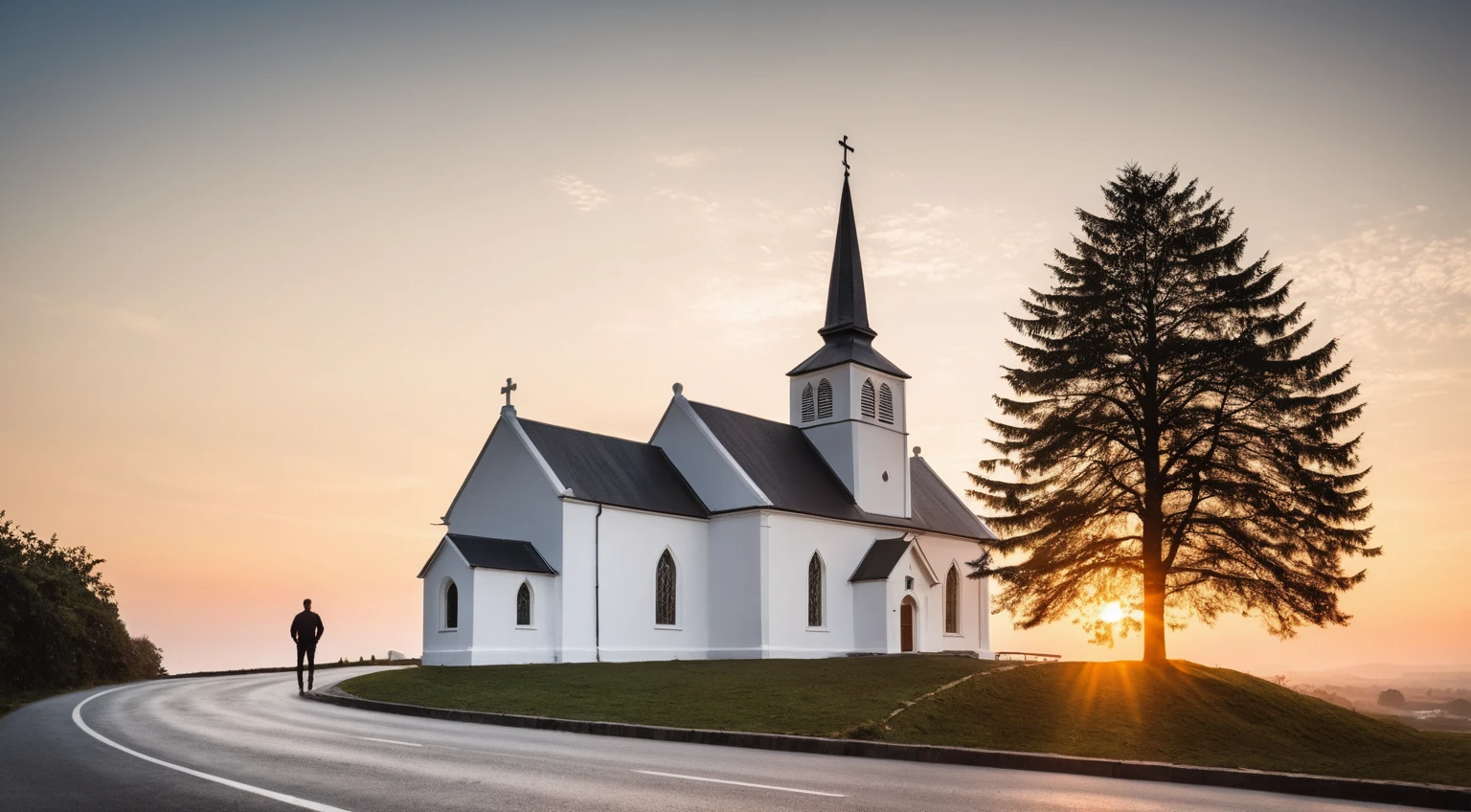 raw photo, best quality, ultra realistic, masterpiece, best quality skin, photography hd, dslr,
tcs, httlvn, modern house, road, people, house, facade design, outdoors, church, white walls, cross on top, curved shape building, 
Dusk, sunshine, 
View from a tree, dof view, 