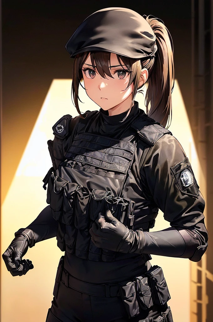 (((masterpiece; best quality: 1.2))), (finely detailed eyes: 1.3), (25 year old woman), (solo), (black eyes: 1.4), (body; toned, fit, soldier: 1.3), (silky brown hair + ponytail: 1.3), (beautiful and clear background: 1.2), ((depth of field)), (equipment: spec ops full black tactical combat-ready gear + kevlar vest + black tactical shirt + black tactical pants + black gloves + black baseball cap + pouches: 1.3), (anime illustration: 1.2), (background composition; military base office: 1.1), (extremely fine and beautiful: 1.1), (shot composition; standing + centered on torso + close-up: 1.5), (expression; calm, stoic: 1.2)