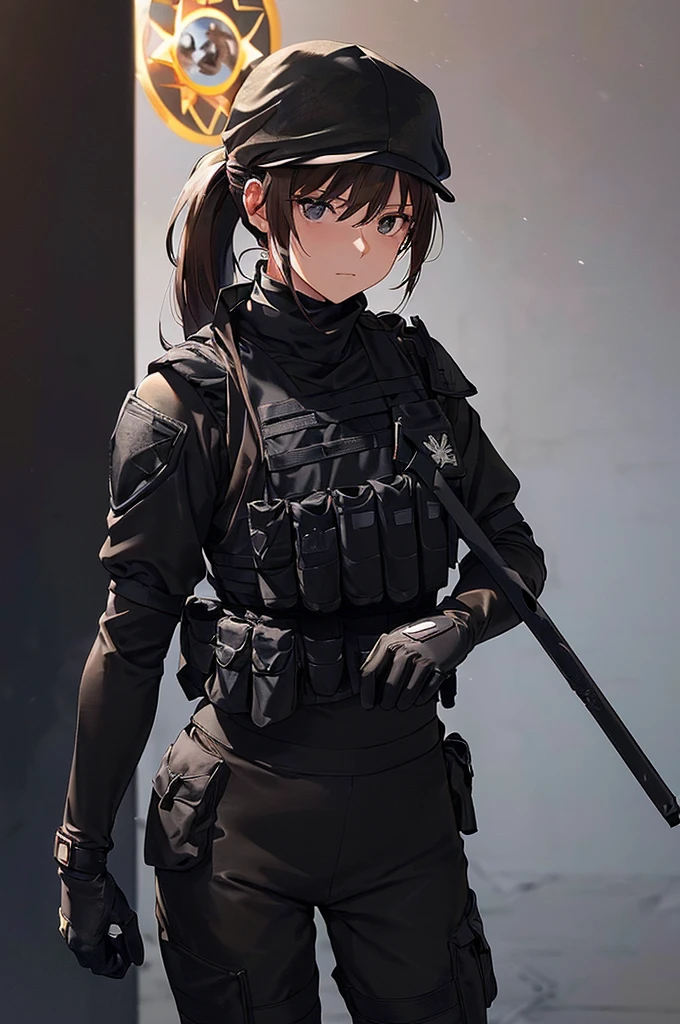 (((masterpiece; best quality: 1.2))), (finely detailed eyes: 1.3), (25 year old woman), (solo), (black eyes: 1.4), (body; toned, fit, soldier: 1.3), (silky brown hair + ponytail: 1.3), (beautiful and clear background: 1.2), ((depth of field)), (equipment: spec ops full black tactical combat-ready gear + kevlar vest + black tactical shirt + black tactical pants + black gloves + black baseball cap + pouches: 1.3), (anime illustration: 1.2), (background composition; military base office: 1.1), (extremely fine and beautiful: 1.1), (shot composition; standing + centered on torso + close-up: 1.5), (expression; calm, stoic: 1.2)