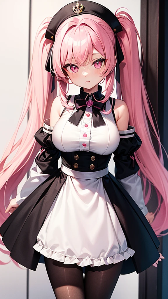 (Highest quality,Very detailed,1 Girl),black tights,Pink Hair,height: 160cm,cute,Pink Eyes,Twin tails,Big Breasts,Wear a uniform,Her eyes are white and shining,Look at me from up close,Has bright white eyes,