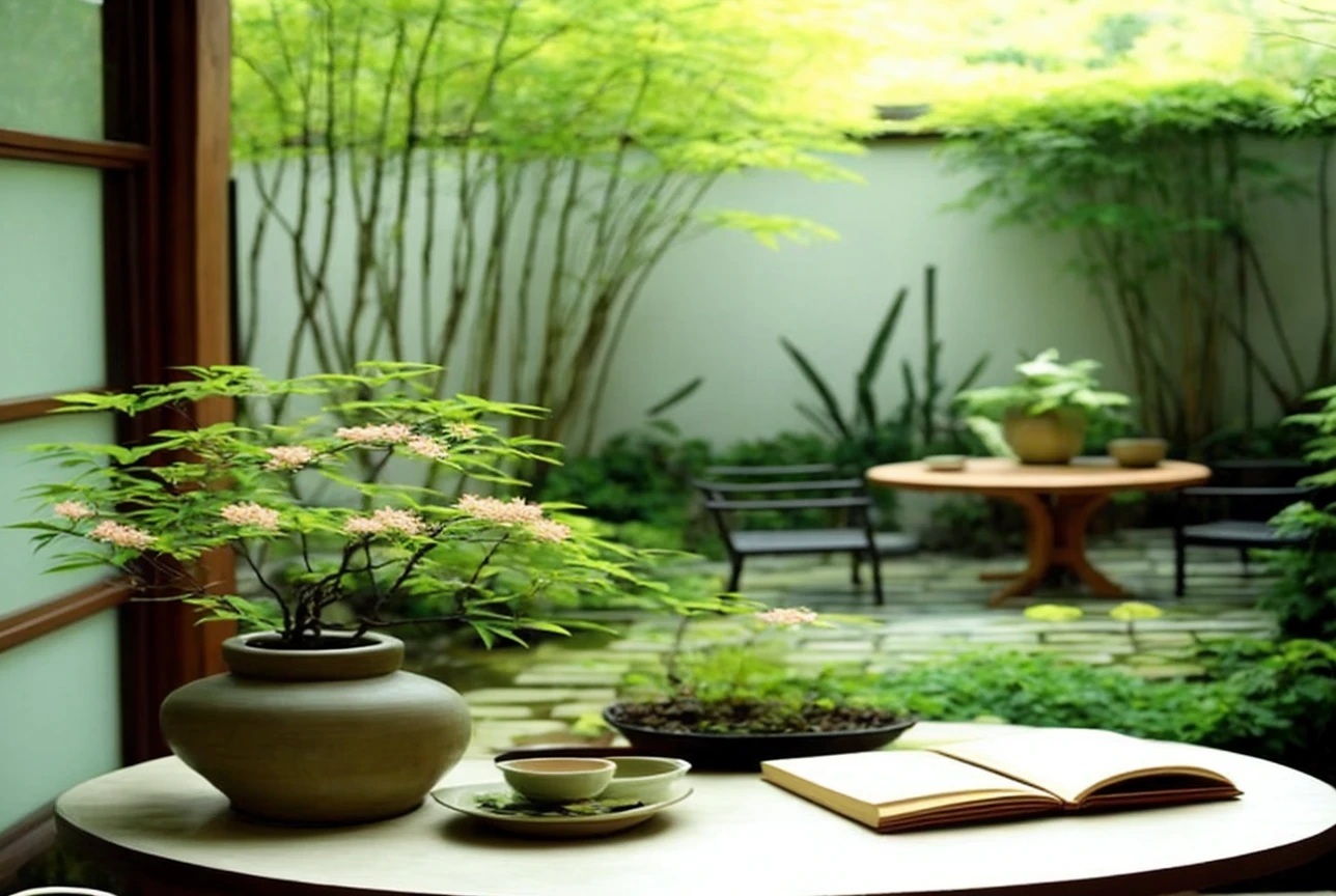 A serene indoor scene with a traditional Japanese garden in the background。On the central wooden round table、Green plants and flowers in ceramic pots are displayed.、An open book and a cup are placed on it。Behind the glass sliding door waterfall bamboo There is a beautiful garden with lush plants.。The overall scene exudes tranquility and natural beauty.。One screen and one table。