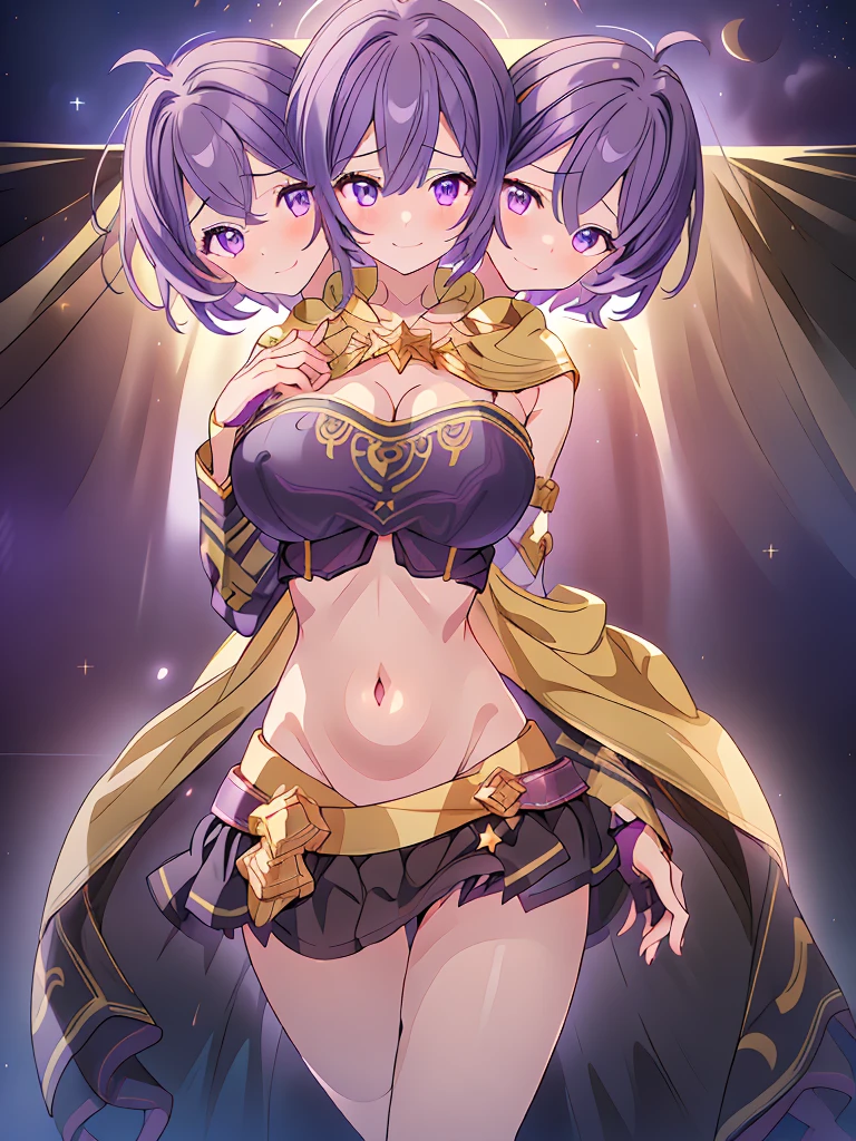 (masterpiece, best quality), best resolution, (3heads:1.5), 1girl, dark violet hair, fingerless gloves, smiling, soft smile, open belly, black-gold-purple crop top, black miniskirt, open breasts, humongous tits, huge tits, sexy pose, hair length until shoulders, headband, night sky background, nighttime, stars, starry sky, alluring presence, beautiful eyes, detailed eyes, purple eyes, 
