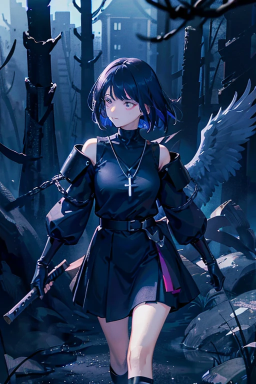 dark smokey background ,raven in background shadow covered girl, covered in shadows, black shadows in background Anime girls, carrying katana, anime, short black hair with neon blue highlights, hair is above shoulder height, smooth beautiful, 4k, anime art, pendant on hair, cross t necklace, vivid black dress, battle armor, Deep in the forest there are stone angels all black and dark, anime dark styler,girl walking forward