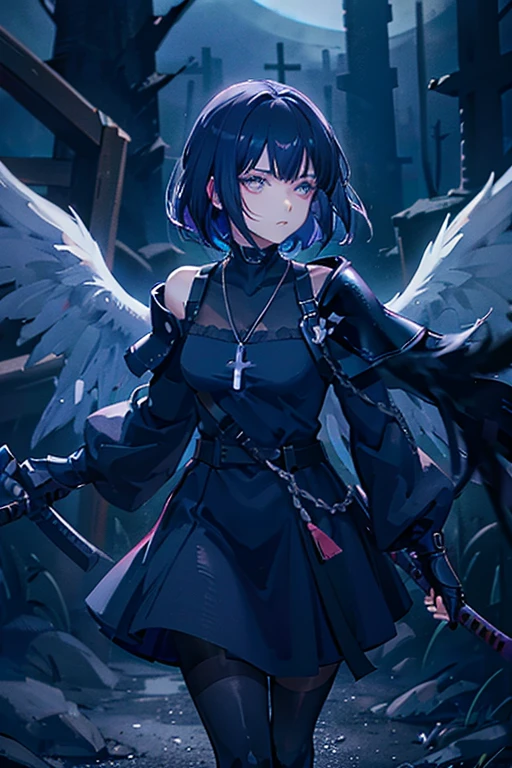 dark smokey background ,raven in background shadow covered girl, covered in shadows, black shadows in background Anime girls, carrying katana, anime, short black hair with neon blue highlights, hair is above shoulder height, smooth beautiful, 4k, anime art, pendant on hair, cross t necklace, vivid black dress, battle armor, Deep in the forest there are stone angels all black and dark, anime dark styler,girl walking forward