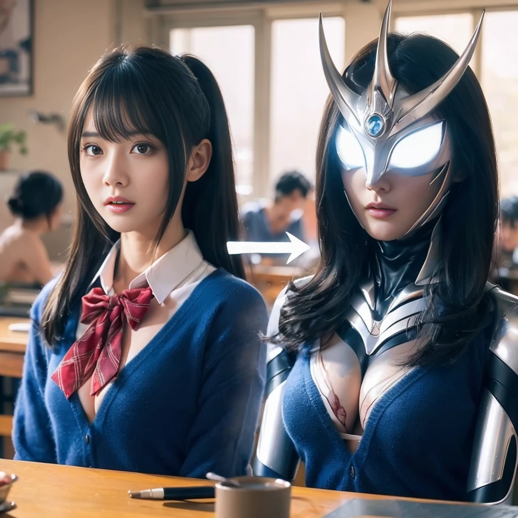 Japanese girl with pigtail,blue eyes and blue suit talking to a demon in a forest 