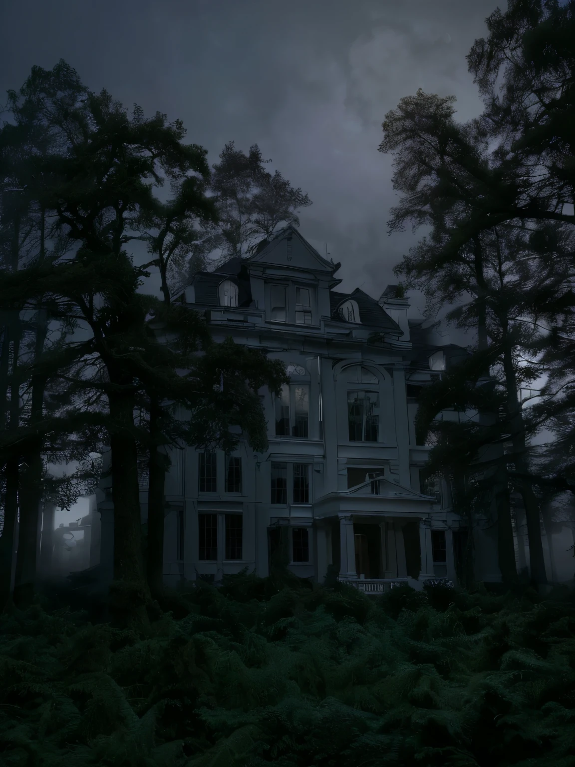 (highest quality:1.2, masterpiece), 8K, Professional Lighting, Cinematic Lighting, RAW Photos, Ultra-realistic photos, hyper detailed portrait, Dogs, (((white mansion shaped alike White House in U.S., white mansion with no lights on, surrounded by dead trees, ultra realistic exterior of white spooky mansion without lights on, in deep spooky forest, ultra detailed exterior of spooky mansion in deep spooky forest, dark atmosphere, mansion in gloomy forest, realistic fog, detailed mist))), (((((night atmosphere, mid night forest view, moon in cloud))))), 