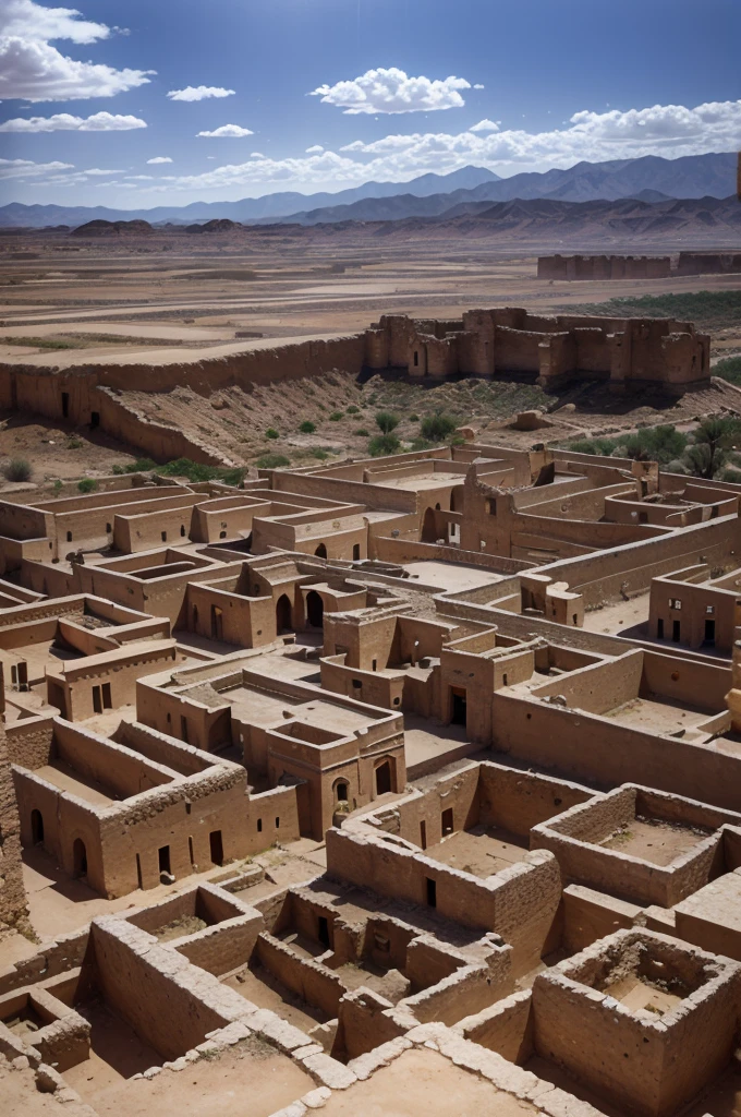 raffes in a field with a small village in the background, Morocco, panorama of crooked ancient city, ancient ruins under the desert, Historical setting, in a war-torn desert village, Ruins of the ancient city, Moroccan City, Old buildings, mud and masonry houses, in an ancient city, Buildings carved in stone, pueblo dense architecture, beautiful ancient ruins behind, ancient people wear brown, people, Cloudy weather, start of rain