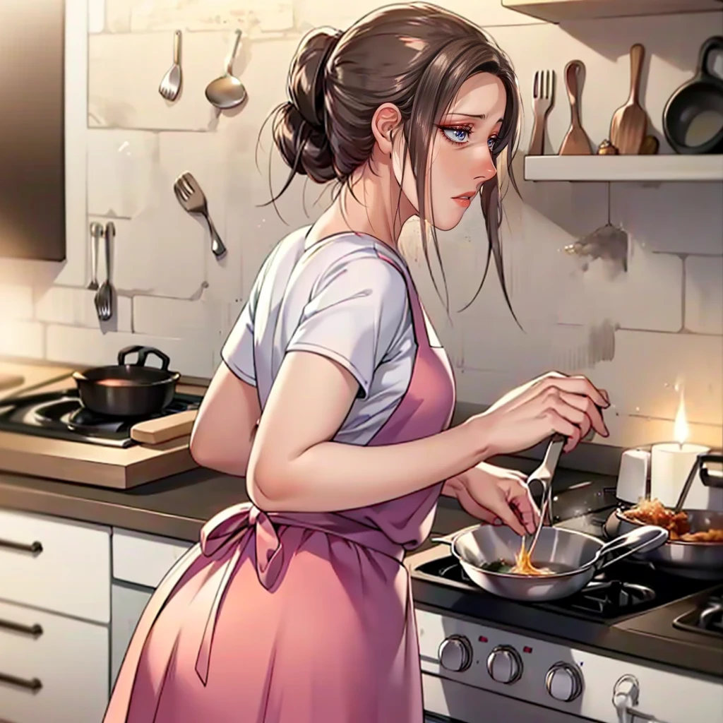 (masterpiece, best quality, detailed:1.3), housemaid in a green apron, brown shirt, (form-fitting skirt:1.2), hair neatly tied in a ponytail, actively cooking, (intricate kitchen setup:1.1), various spices and utensils, warm and soft lighting, tiled backsplash, pots and pans hanging, concentrated look, vibrant and cozy ambiance, high detail, realistic textures,Focus on cooking .
