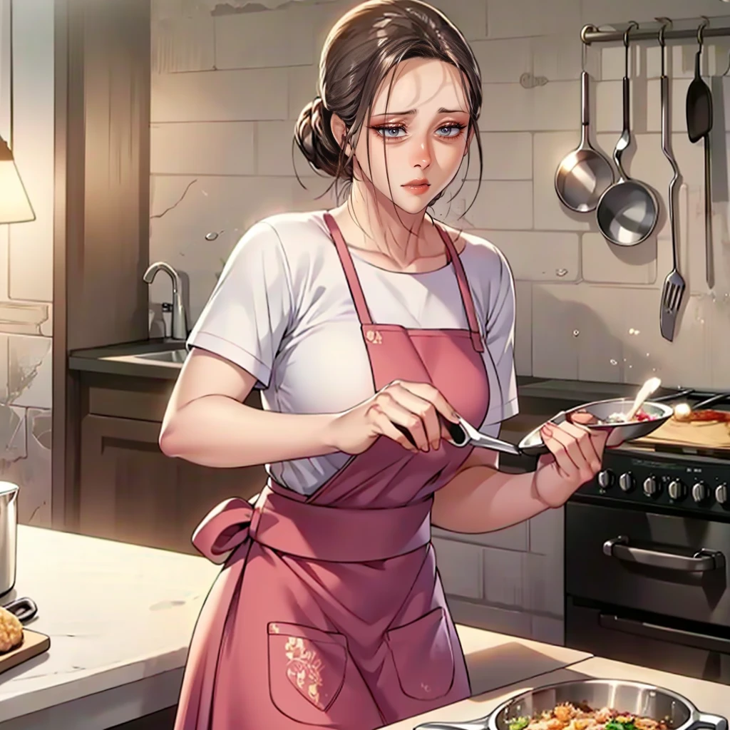 (masterpiece, best quality, detailed:1.3), housemaid in a green apron, brown shirt, (form-fitting skirt:1.2), hair neatly tied in a ponytail, actively cooking, (intricate kitchen setup:1.1), various spices and utensils, warm and soft lighting, tiled backsplash, pots and pans hanging, concentrated look, vibrant and cozy ambiance, high detail, realistic textures,Focus on cooking .
