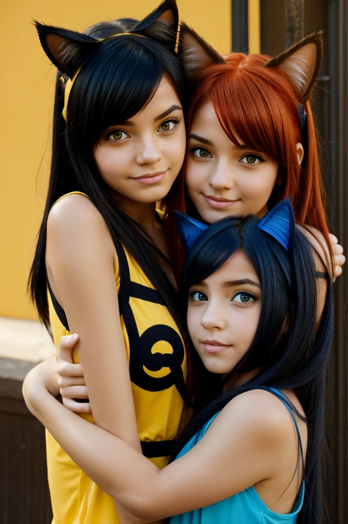 Two girls hugging, one with red hair, cat orrjas, yellow eyes. And the other with half blue black hair, blue eyes, cat ears