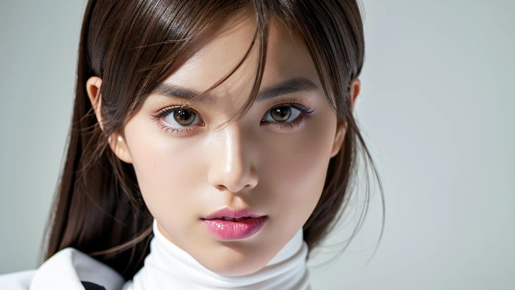 Zoom in on face,Sharp Eyes,(Detailed face),(vivid),White turtleneck outfit,4K,Ultra-high resolution,(Photorealistic:1.7),Black long hair,White Background,