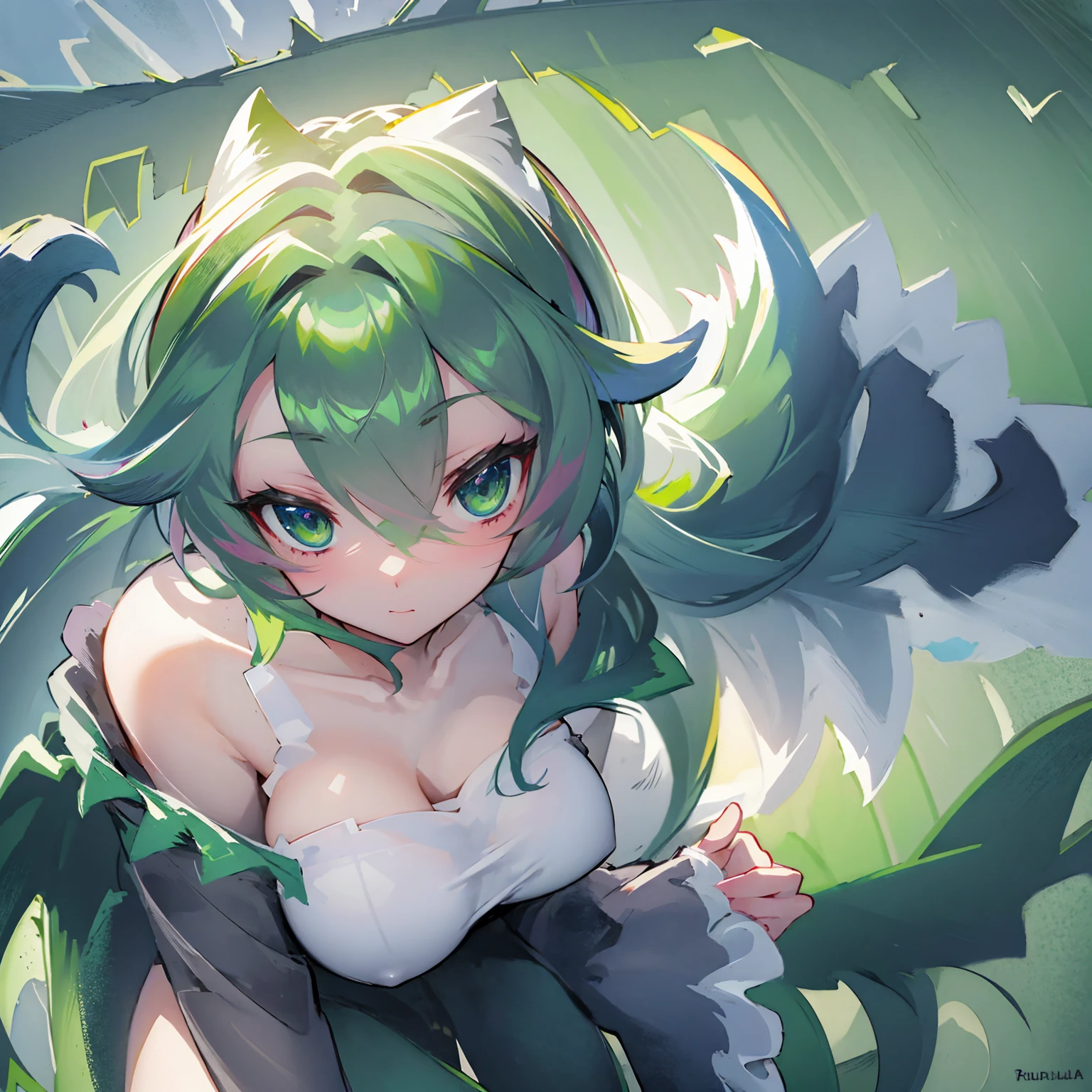 Create an ultra-detailed, best quality, high-resolution masterpiece depicting an umbral elemental with an curvy anime girl figure seeping with green energy perfect shadows, high quality shading, photorealistic, Fukua