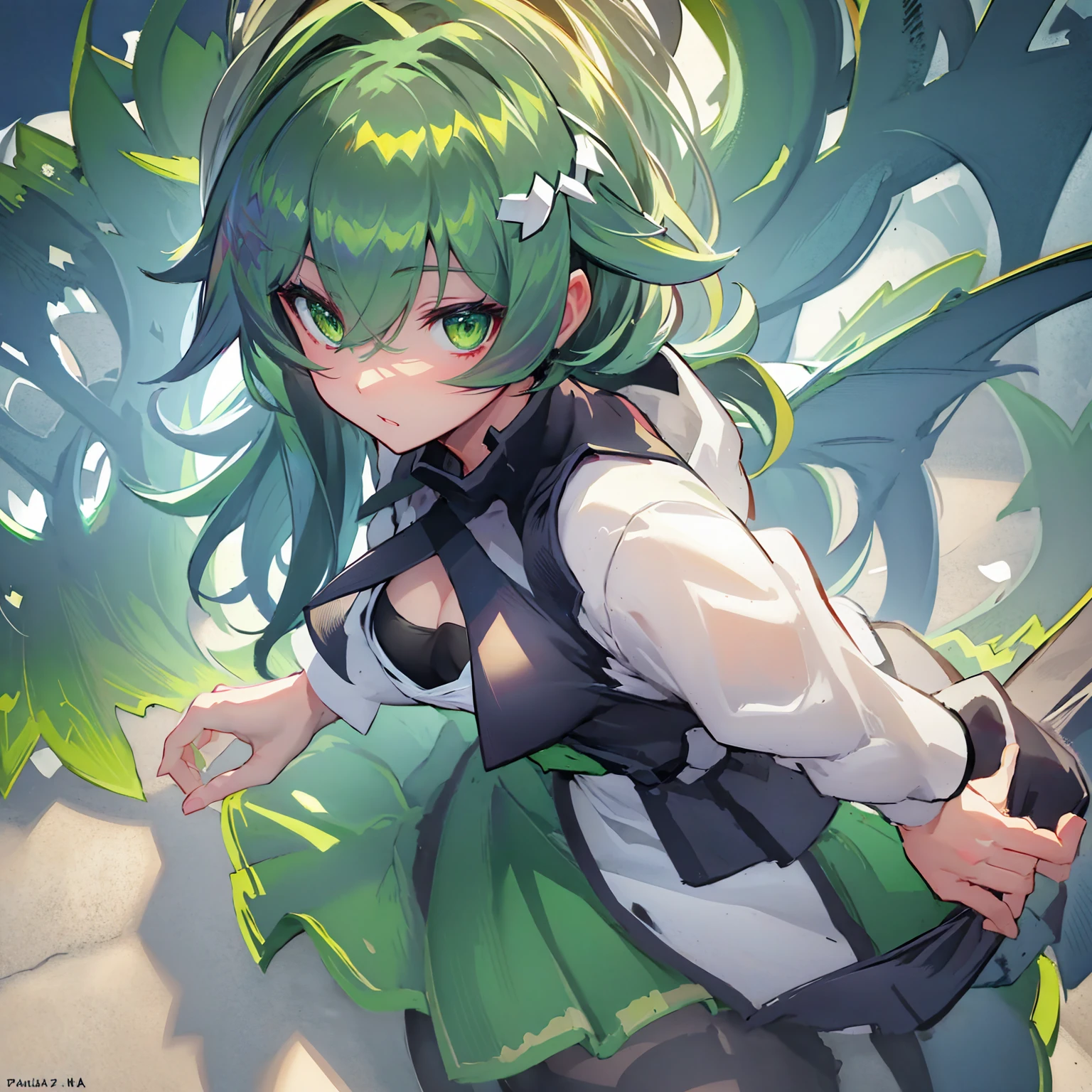 Create an ultra-detailed, best quality, high-resolution masterpiece depicting an umbral elemental with an curvy anime girl figure seeping with green energy perfect shadows, high quality shading, photorealistic, Fukua