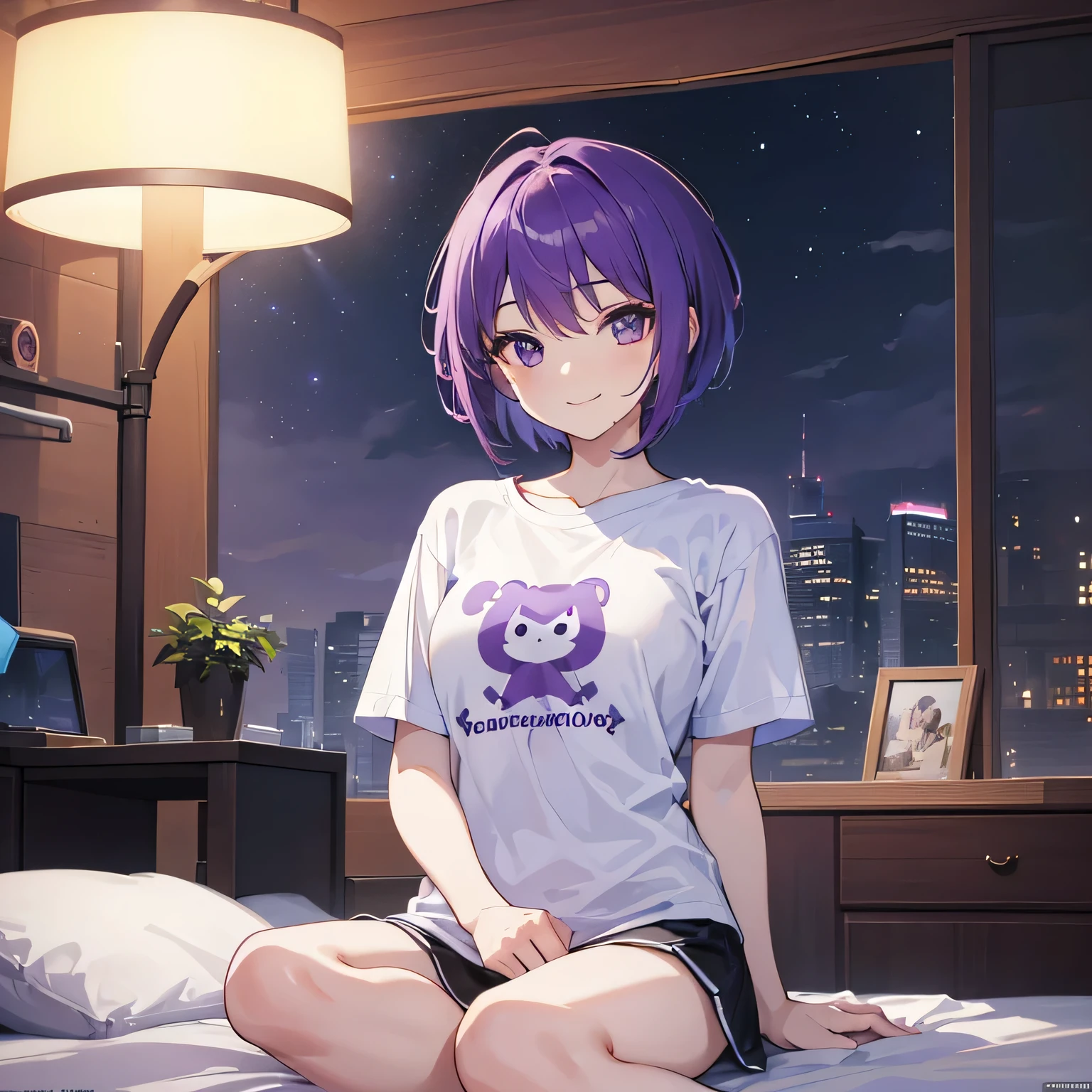 (T Masterpiece，4k wallpaper，Best Quality))、((girl１people))、(solo)、Bright and Brilliant，(Purple Hair)、(short hair:1.3)、smile、Bedroom、T-Shirts、night