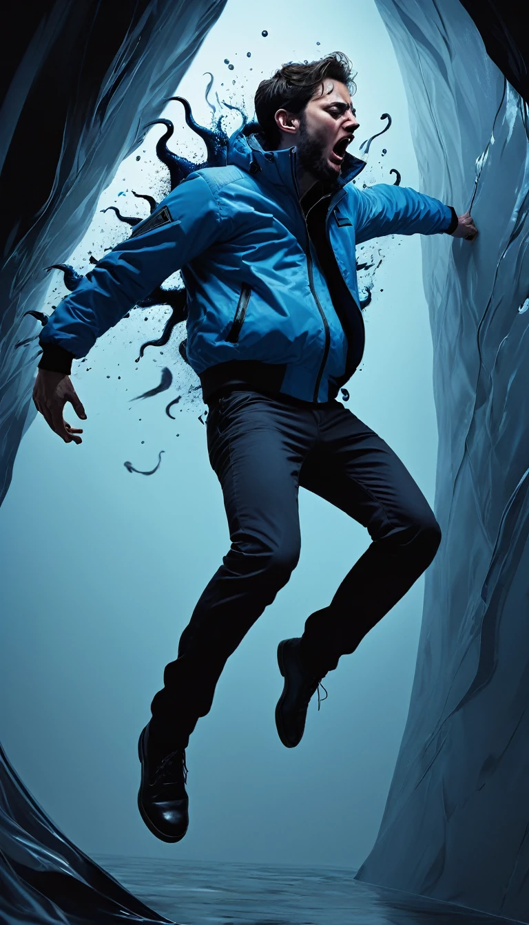 side view, a man floating in mid-air falling down the void in fetal position, centered, wearing a blue jacket, lateral view. the wide infinite walls are filled entirely with the overlapping interwhinted bodies of demonic monsters with black melting skin, these monsters strech their arms-claws trying to reach the man body, horror art, dim light, digital illustration, long shot