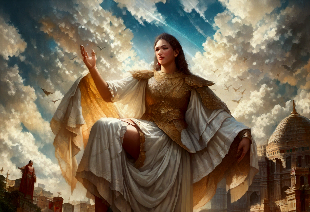 Carry ,Thousands of people々is floating in the air,Standing on the Clouds, Thousands of people々is wearing white clothes, Raise your hands and sing a hymn、Praise God. The scene is spectacular and surreal. (Highest quality, 4K, 8K, High resolution, masterpiece:1.2), Super detailed, (Realistic, Realistic, Realistic:1.37), Portraiture, Vibrant colors, Studio Lighting, Sharp focus, Physically Based Rendering, Very detailed explanation, Bible Topics, Spectacular atmosphere, Shining Light.