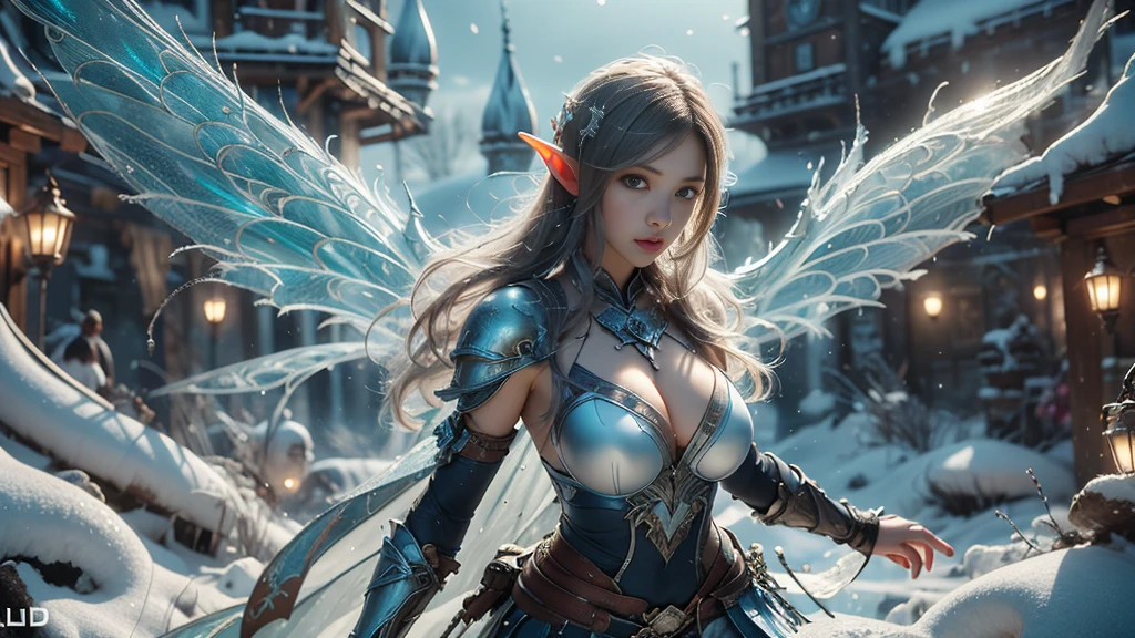 Close-up of woman holding sword and armor, Armor Girl, 2. 5D CGI anime fantasy artwork, Large Breasts，Epic fantasy digital art style, detailed Digital 2D fantasy art, Digital 2D fantasy art, original photo, (best quality:1.3), high resolution, (masterpiece), (lifelike:1.4), Professional photography, Clear focus, High Dynamic Range, 8k resolution, Intricate details, Fine details, Depth of Field, Extremely detailed CG unified 8k wallpaper, masterpiece，poster，best quality，Official Art，（Beauty and aesthetics：1.2），（masterpiece：1.3），Female Elf，individual，Light Leather Armor，complex pattern，snow，castle，Medium distance photography，（early morning），dramatic，Glowing Wings，