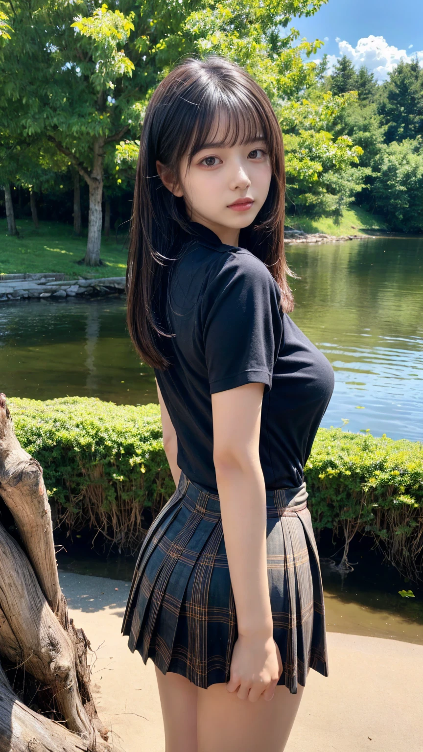 8k, Raw photo, highest quality, masterpiece:1.2), masterpiece, highest quality, figure, Very detailed, Fine details, High resolution, 8k,wallpaper, Perfect dynamic composition,(Detailed high quality, Realistic depiction of eyes:1.3)、Arms wrapped around his back, hands tie behind back, Leaning against a large tree on the shore of a beautiful lake、 With legs wide open、Tartan plaid pleated skirt、whole body、large breasts, The whole thing faces forward、２１talent、Beauty、Well-formed face、Make your eyes even、Large sagging eyes、Beautiful black hair、Has bangedium build、Well-balanced proportions、Beautiful legs、Blue Short Sleeve Blouse、Fresh face、Beautiful scenery、