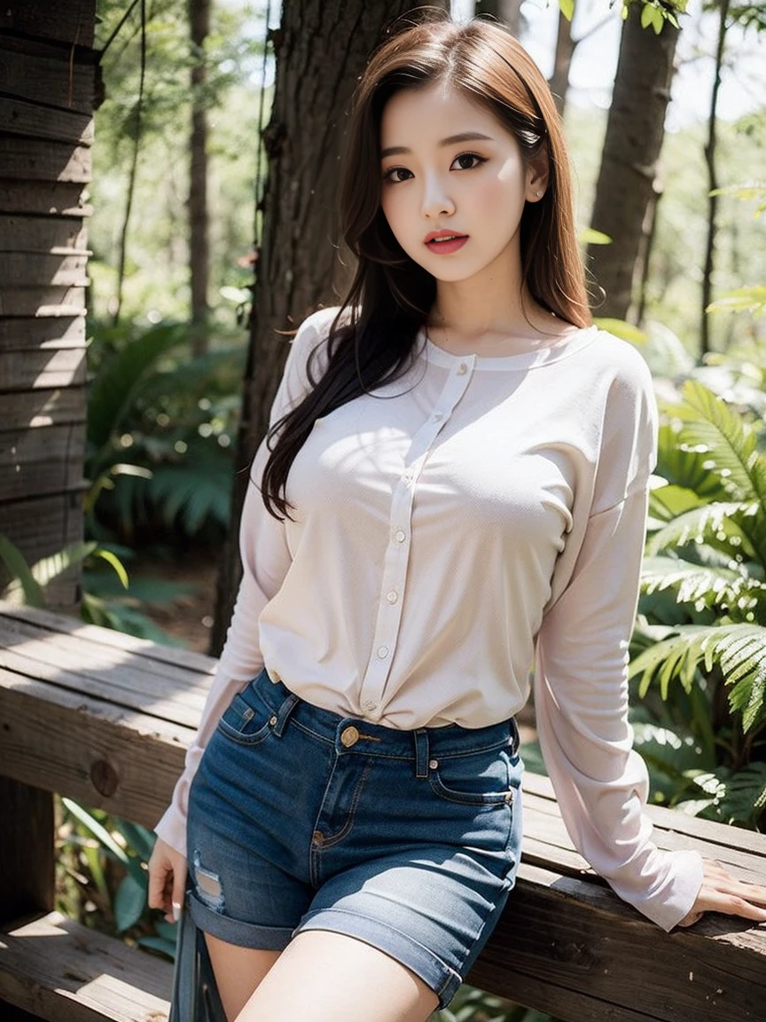 Highest quality, 1 beautiful woman, 28 years old, Large breast bulges, 35mm lens, F/1, Cowboy shot, A girl in the forest、Perm、sweat plaid shirt、Golden brown