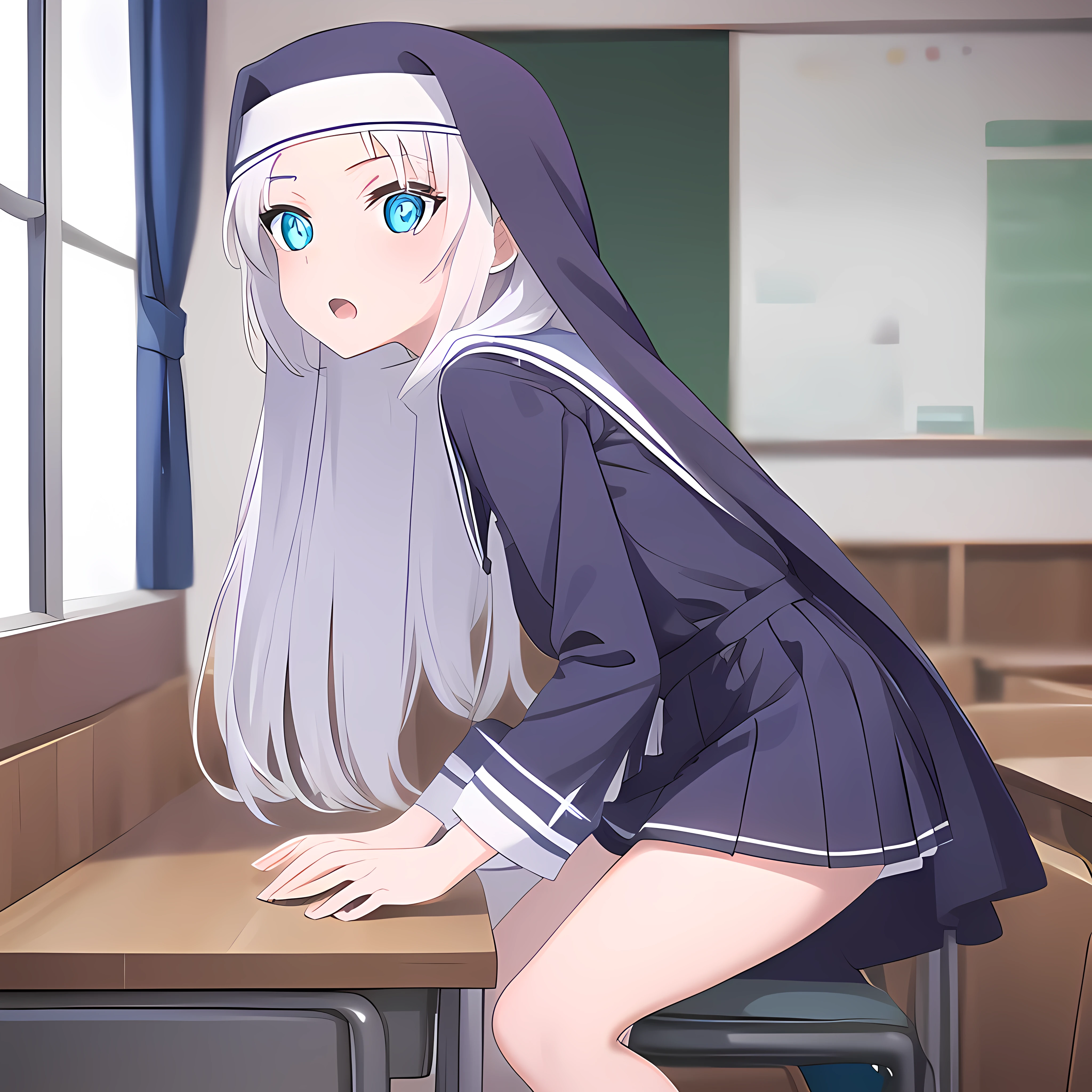 mariatakayama, maria takayama, long hair, blue eyes, fang, aqua eyes,
BREAK jewelry, heart, necklace, nun, habit, white short skirt
BREAK indoors, classroom, seated on desk
BREAK (masterpiece:1.2), best quality, high resolution, unity 8k wallpaper, (illustration:0.8), (beautiful detailed eyes:1.6), extremely detailed face, perfect lighting, extremely detailed CG, (perfect hands, perfect anatomy),