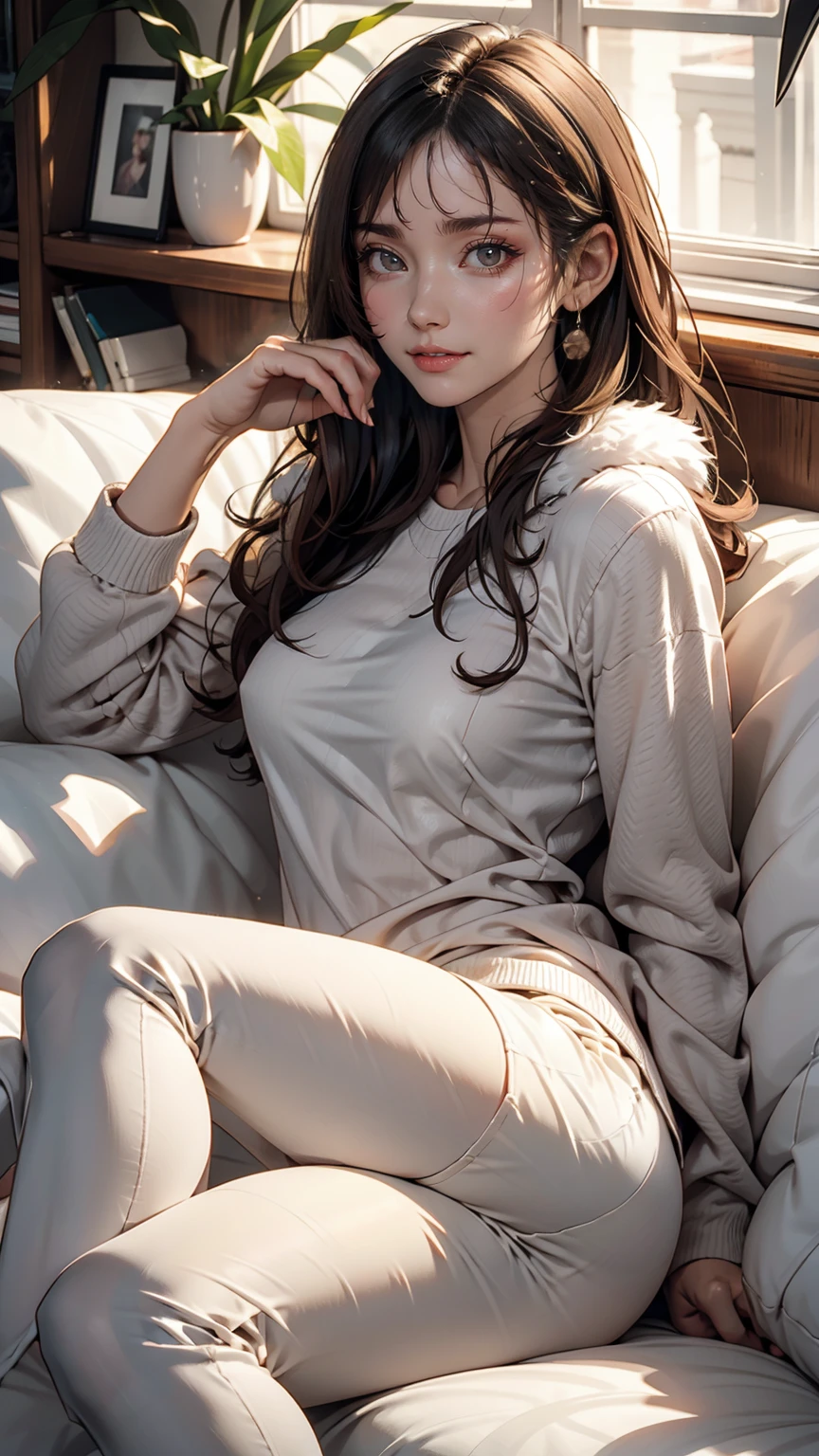 24-year-old female、Relaxed loungewear、Soft fabric hot pants、Fur slippers、Lying on a soft three-seater sofa and looking at a tablet、Push your glasses down your nose、Looking up at the viewer、I'm at home so I'm completely off guard、No makeup