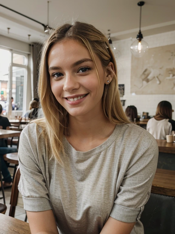 young blonde in casual clothes in a cafe smiling