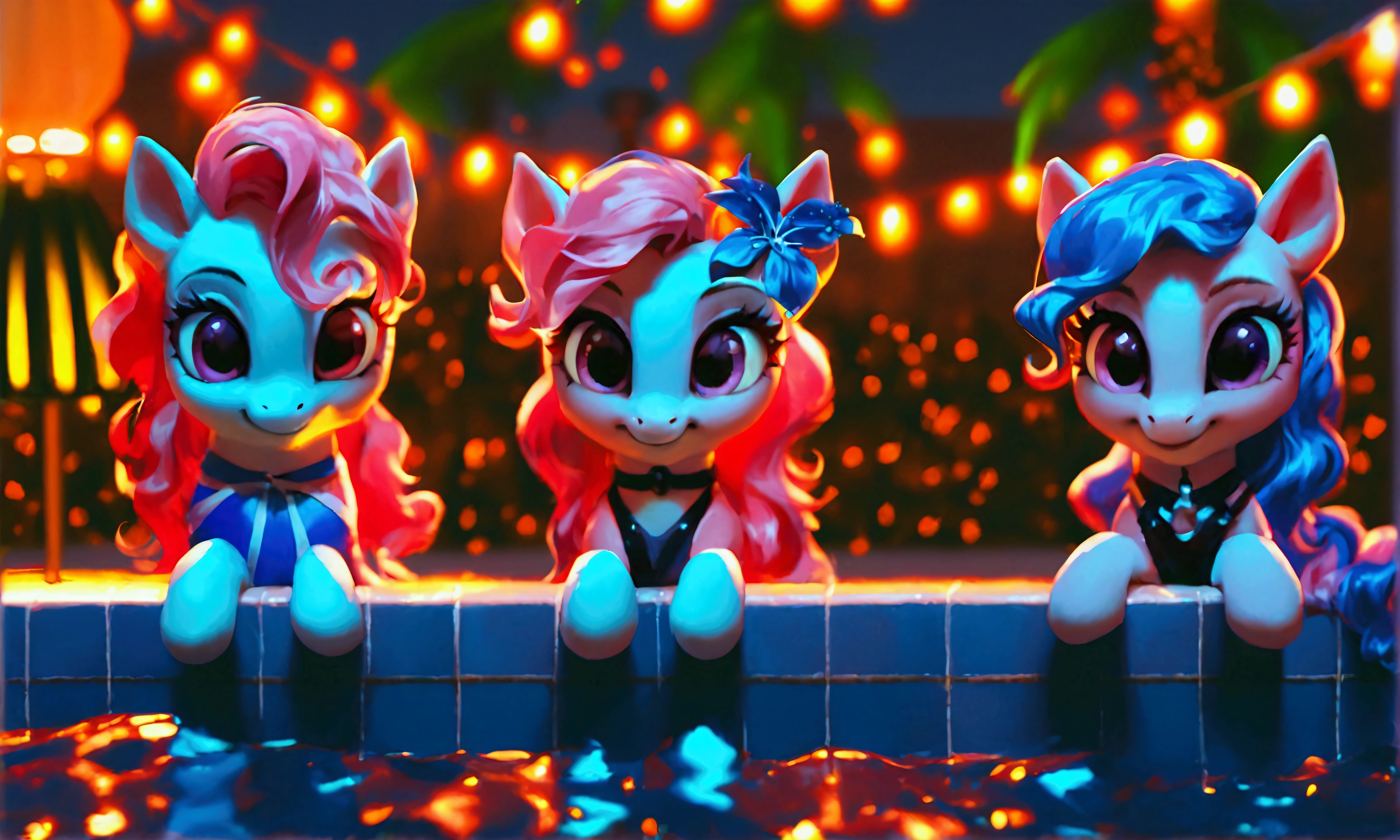 score_9, score_8_up, score_7_up, (three cute ponies sitting at edge of pool:1.4), ((pool party)), wearing Goth accessories, wavy hair, moonlit night, (ornate lamp:1.2), (((decorations))), summer dress with intricate design, tropical nature, (clouds:0.5), realistic retro artstyle, bright colors, rating_safe.
