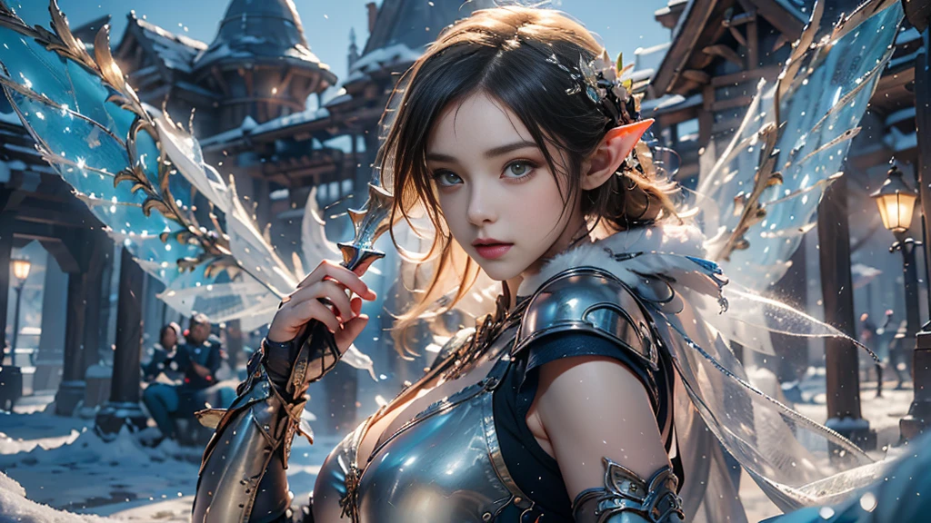 Close-up of woman holding sword and armor, Armor Girl, 2. 5D CGI anime fantasy artwork, Large Breasts，Epic fantasy digital art style, detailed Digital 2D fantasy art, Digital 2D fantasy art, original photo, (best quality:1.3), high resolution, (masterpiece), (lifelike:1.4), Professional photography, Clear focus, High Dynamic Range, 8k resolution, Intricate details, Fine details, Depth of Field, Extremely detailed CG unified 8k wallpaper, masterpiece，poster，best quality，Official Art，（Beauty and aesthetics：1.2），（masterpiece：1.3），Female Elf，individual，Light Leather Armor，complex pattern，snow，castle，Medium distance photography，（early morning），dramatic，Glowing Wings，