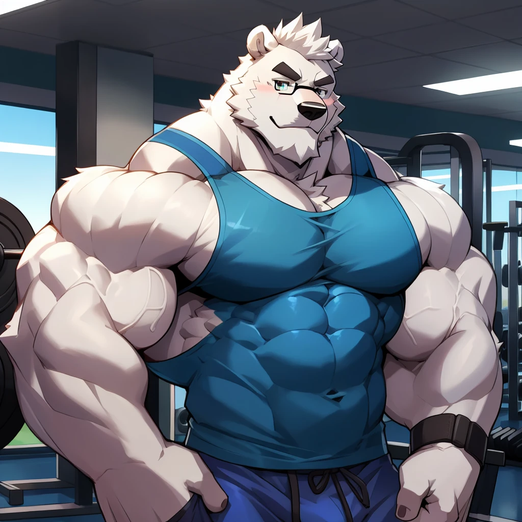 solo, 1boy, Huge Muscular White Polar Bear wearing glasses, huge white fur, pectoral, huge pectoral, wide pectoral, short white hair, blue colored short pants, blue colored wristbands and blue colored tank top, white bearded, white Mustache, white fur, black eyebrows, gym fitness center background, masterpiece, high detailed, 8k, high resolution, at the gym, flexes huge thorax, looking at the viewer, acting all hunk