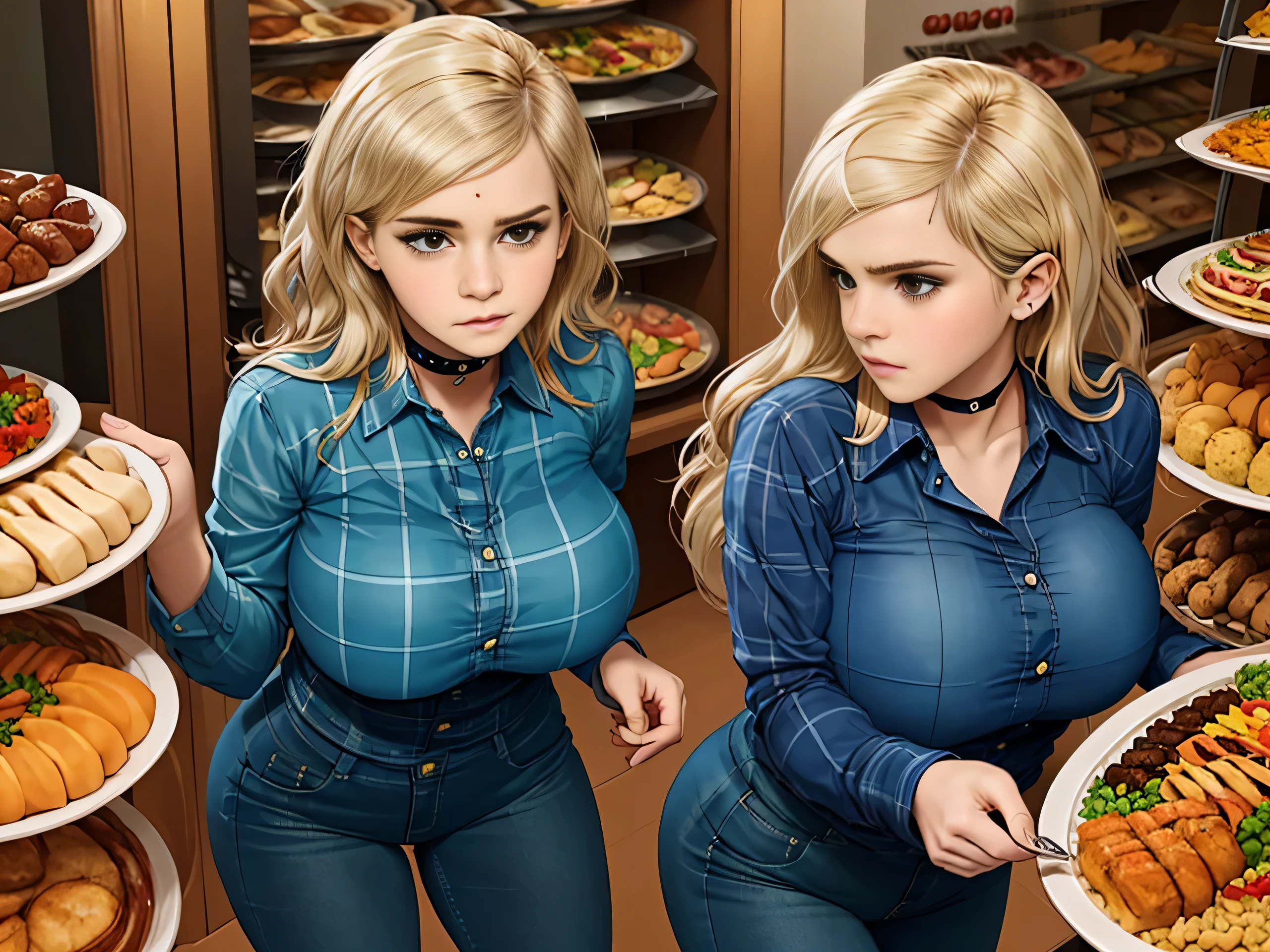 Emma Watson, (Emma Watson:1.3), masterpiece quality, best quality, realistic, (realistic:1.3), detailed, realistic, 1girl, alone, (solo:1.9), 20 years old, young beautiful face, at a buffet, (buffet:1.5), in a tavern, lots of food in background, lots of meat in background, food on shelves in background, long hair, (platinum hair:1.5), wearing blue plaid shirt, (blue plaid shirt:1.5), wearing blue jeans, (blue jeans:1.5), wearing choker collar, big breasts, (big breasts:1.5), thin body, worried, (worried:1.5),