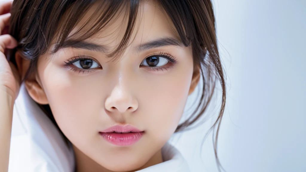 Zoom in on face,Sharp Eyes,(Detailed face),(vivid),White turtleneck outfit,4K,Ultra-high resolution,(Photorealistic:1.7),Black long hair,White Background,
