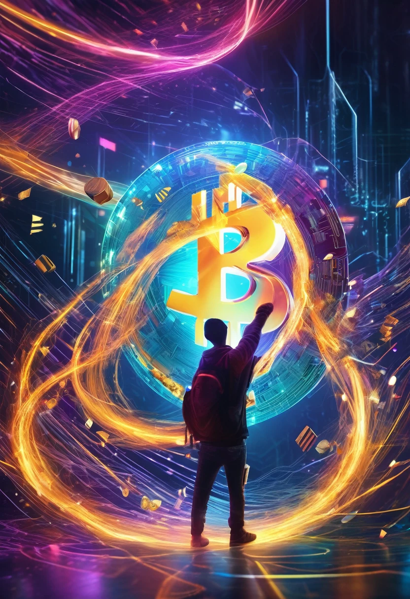 A vibrant and chaotic scene with a person reaching out towards a distant, glowing cryptocurrency symbol, surrounded by blurred, fast-moving digital data streams, symbolizing urgency and the fear of missing out.