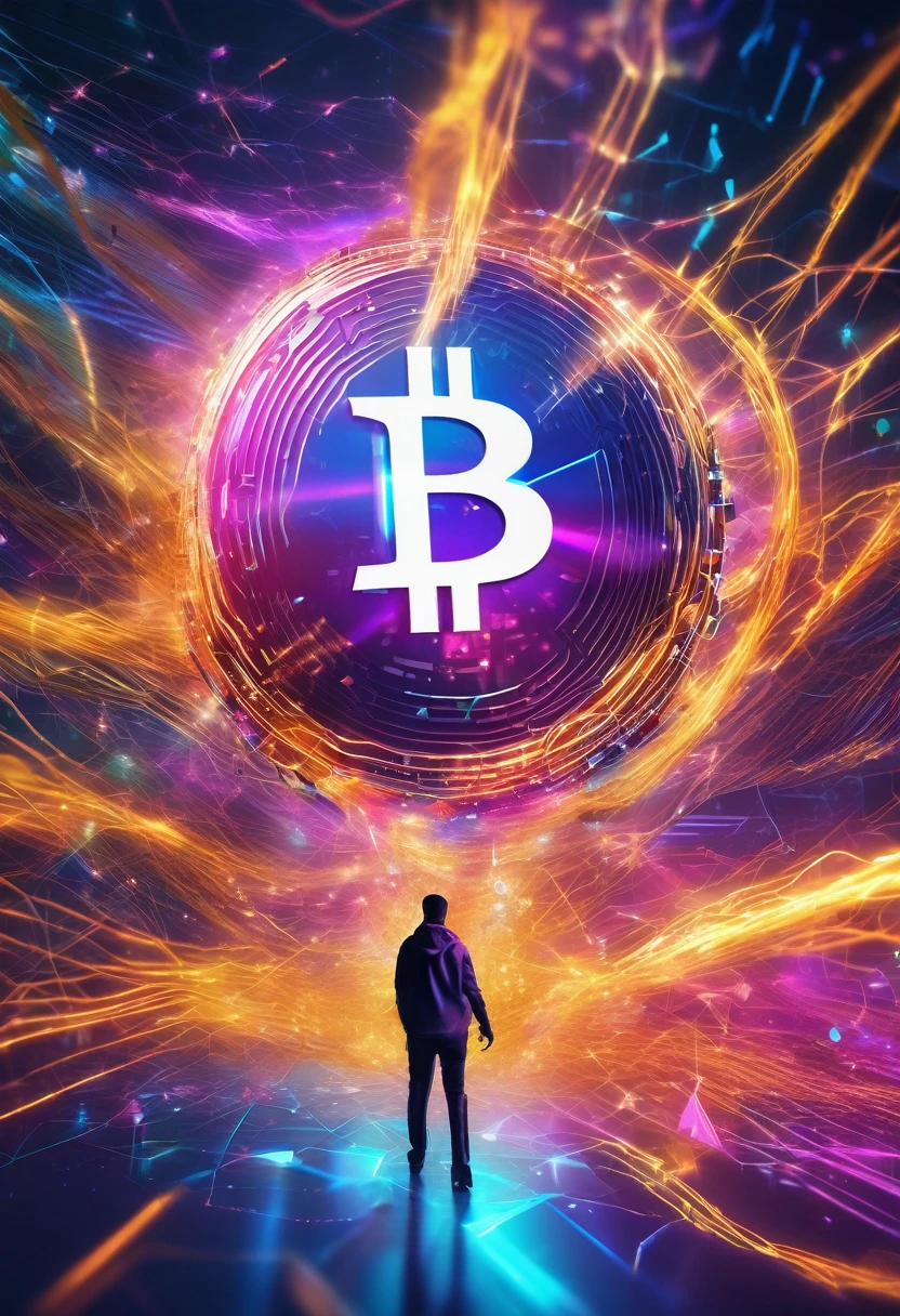 A vibrant and chaotic scene with a person reaching out towards a distant, glowing cryptocurrency symbol, surrounded by blurred, fast-moving digital data streams, symbolizing urgency and the fear of missing out.