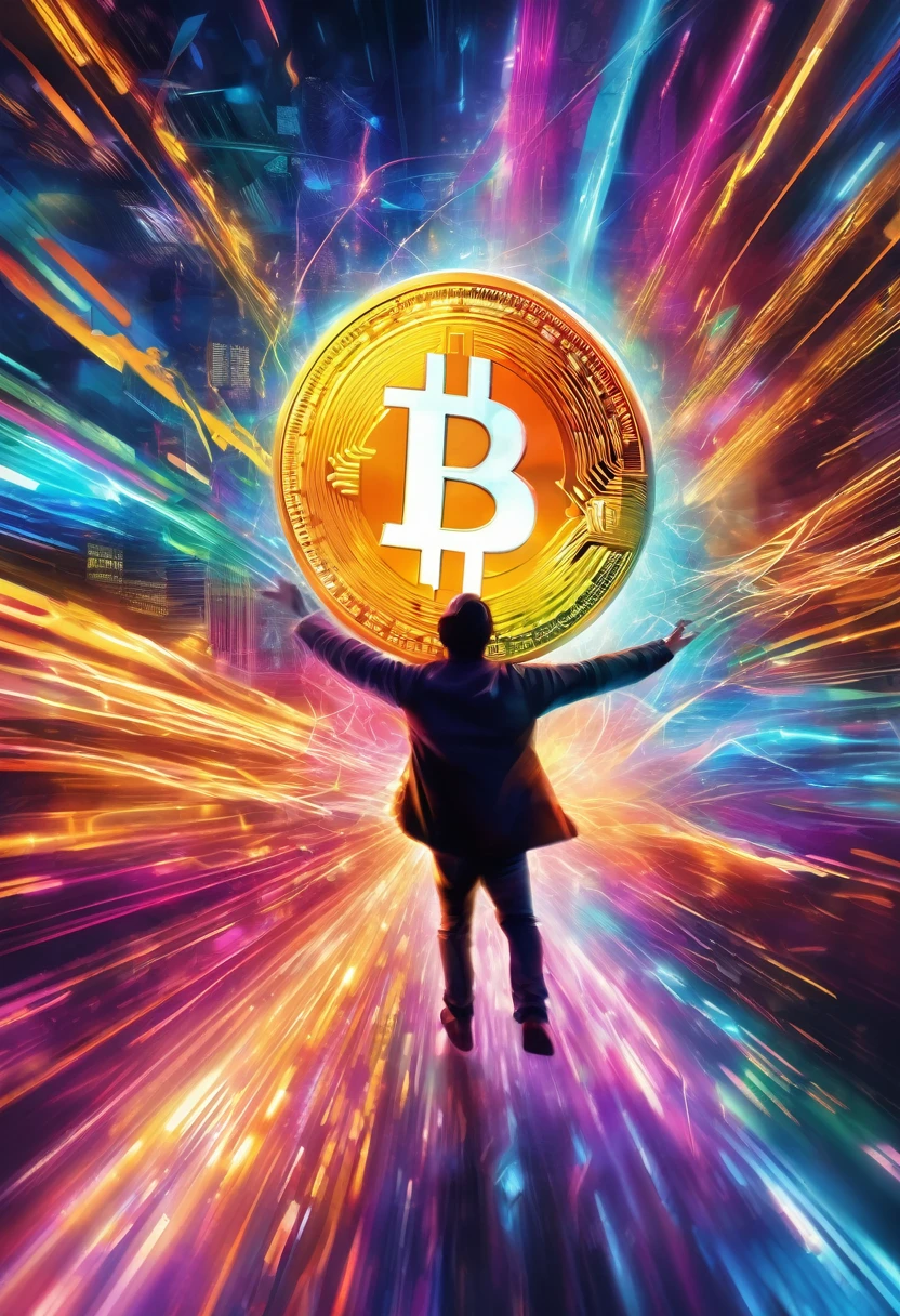 A vibrant and chaotic scene with a person reaching out towards a distant, glowing cryptocurrency symbol, surrounded by blurred, fast-moving digital data streams, symbolizing urgency and the fear of missing out.