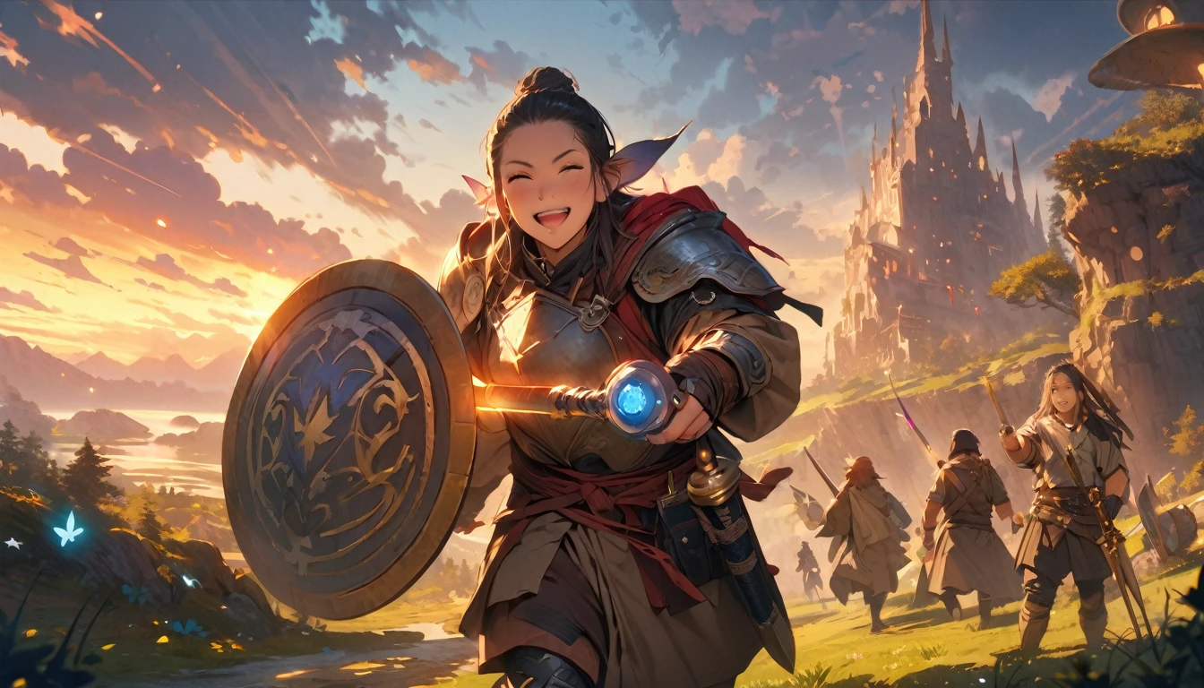 (masterpiece:1.4), (Highest quality:1.4), Very detailed, Complex, Very detailed, shape,Soft lighting, Scenic, More than one personで走り出そうとしている, Hopeful Face, smile, More than one person, Mixed gender, a group of adventurers, character from RPG games, (character: human, Fairy, Fairy, Dwarf, The Hobbit), (exterior: Swordsman Style, Shaman Style, Monk Style, Magician style), (belongings: Long sword, dagger, Holy Staff, Magic wand, shield, metal armor, Leather Armor), Perfectly accurate anatomical shape、All limbs intact、Perfect full finger, Colorful characters, A landscape colored in earth tones, Huge, Majestic, Running towards tomorrow々, Uplifting expressions, みんなのsmileが素晴らしい.