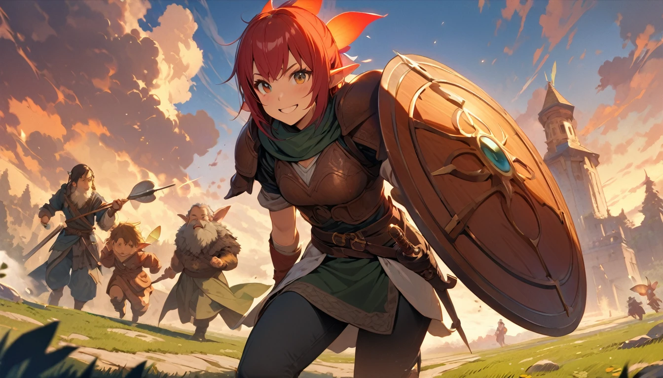 (masterpiece:1.4), (Highest quality:1.4), Very detailed, Complex, Very detailed, shape,Soft lighting, Scenic, More than one personで走り出そうとしている, Hopeful Face, smile, More than one person, Mixed gender, a group of adventurers, character from RPG games, (character: human, Fairy, Fairy, Dwarf, The Hobbit), (exterior: Swordsman Style, Shaman Style, Monk Style, Magician style), (belongings: Long sword, dagger, Holy Staff, Magic wand, shield, metal armor, Leather Armor), Perfectly accurate anatomical shape、All limbs intact、Perfect full finger, Colorful characters, A landscape colored in earth tones, Huge, Majestic, Running towards tomorrow々, Uplifting expressions, みんなのsmileが素晴らしい.