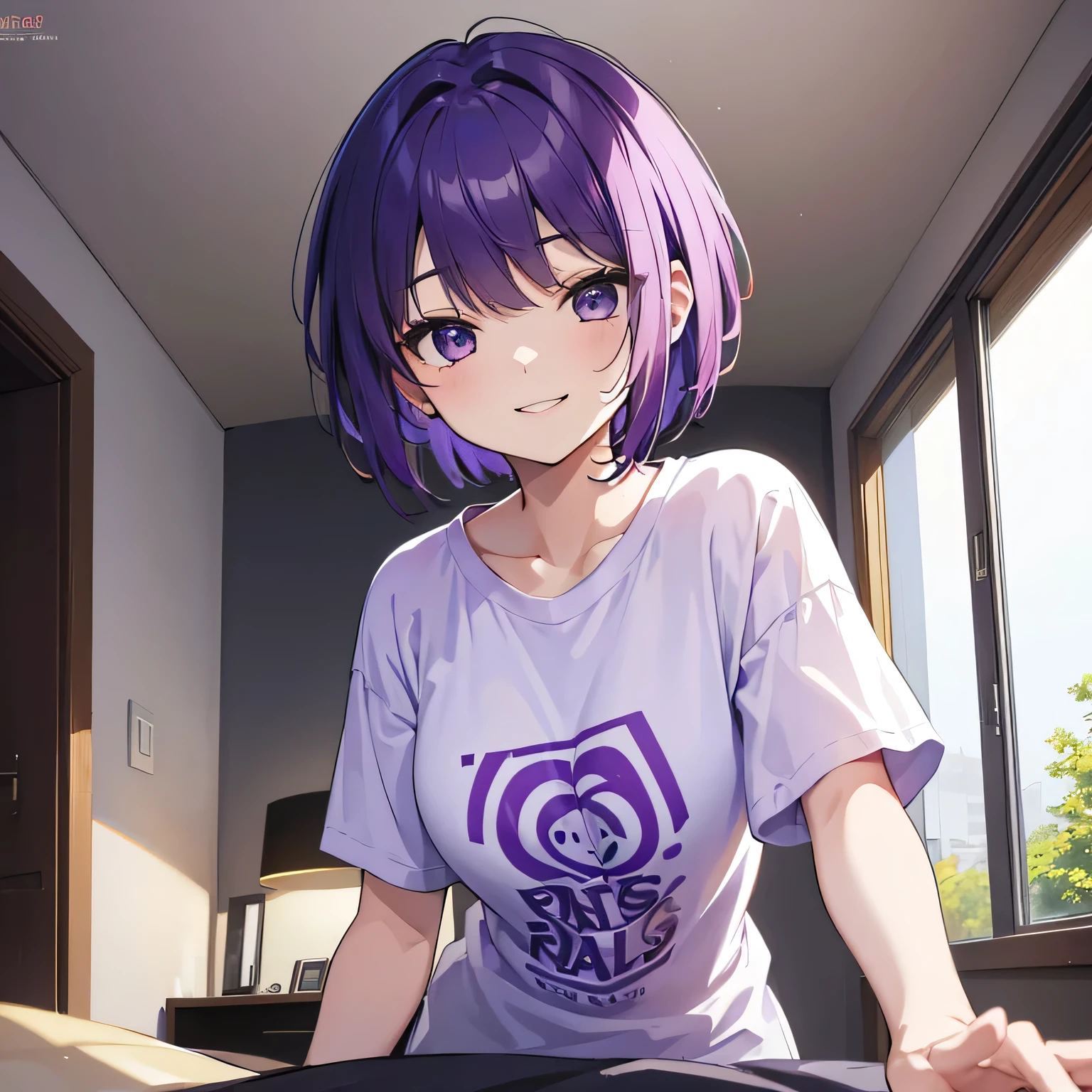 (T Masterpiece,4k wallpaper,Best Quality))、((girl1people))、(solo)、Bright and Brilliant,(Purple Hair)、(short hair:1.3)、smile、Bedroom、T-Shirtorning
