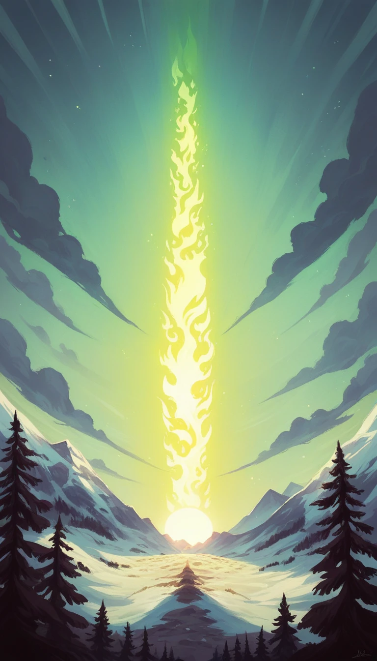 "Create a stunning digital painting of a majestic mountain, capturing the awe-inspiring beauty of nature. The scene should feature the sun's rays filtering through the rugged peaks, casting a brilliant, fiery glow across the snow-covered slopes. Include a serene foreground with a few trees, adding depth and contrast to the vibrant light and shadow play on the mountain. The overall mood should evoke a sense of tranquility and grandeur, highlighting the breathtaking interplay of light and natural elements.", shining colour, lumnicent colour, luminous style,