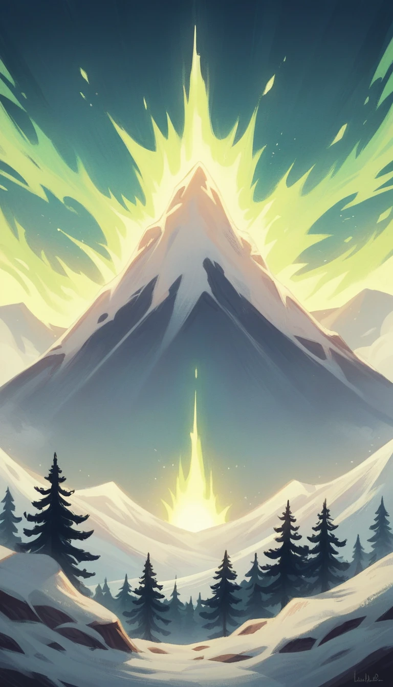 "Create a stunning digital painting of a majestic mountain, capturing the awe-inspiring beauty of nature. The scene should feature the sun's rays filtering through the rugged peaks, casting a brilliant, fiery glow across the snow-covered slopes. Include a serene foreground with a few trees, adding depth and contrast to the vibrant light and shadow play on the mountain. The overall mood should evoke a sense of tranquility and grandeur, highlighting the breathtaking interplay of light and natural elements.", shining colour, lumnicent colour, luminous style, 