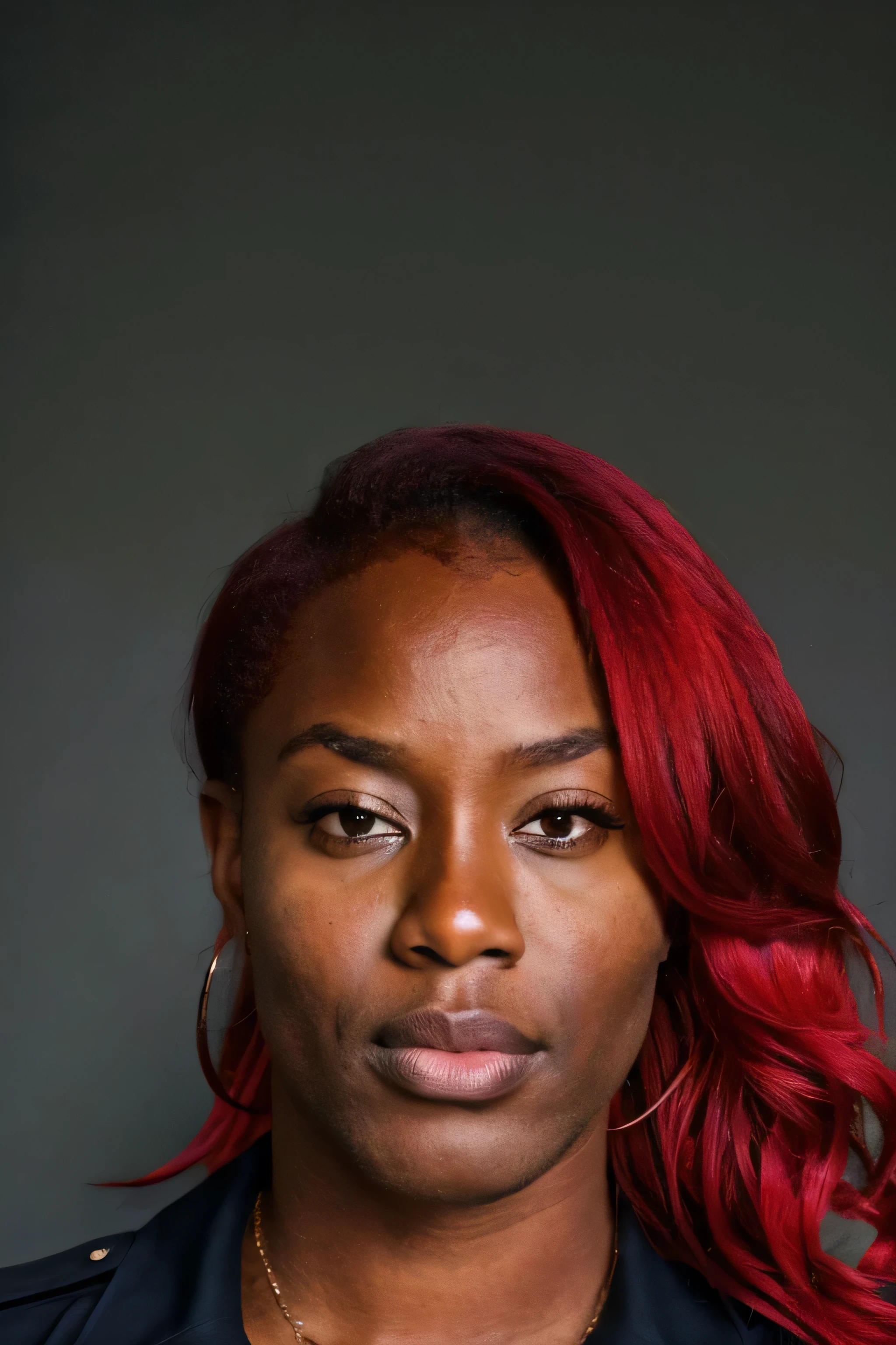 A 36 year old police officer, darkskin, Red hair, He would be, room background,